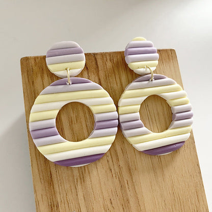 Handmade Rainbow Stripe Clay Earrings - Multicolor Geometric Hoop Design