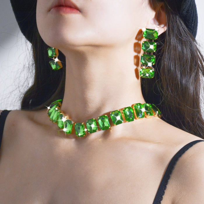 Green Crystal Necklace and Earring Set - Fashionable and Luxurious Rhinestone Choker