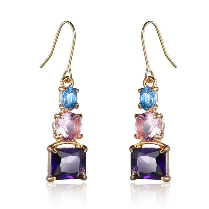 Pendientes de circonitas de colores mezclados en azul y rosa con temperamento, pendientes de moda medianos y largos