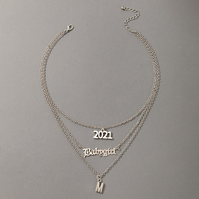 2021 Digital Alloy Three-Layer Necklace with Letter Silver Multi-Layer Clavicle Chain