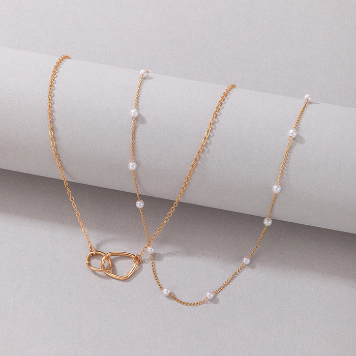 Geometric Cross Double-Layer Necklace - Pearl Chain Multilayer Choker