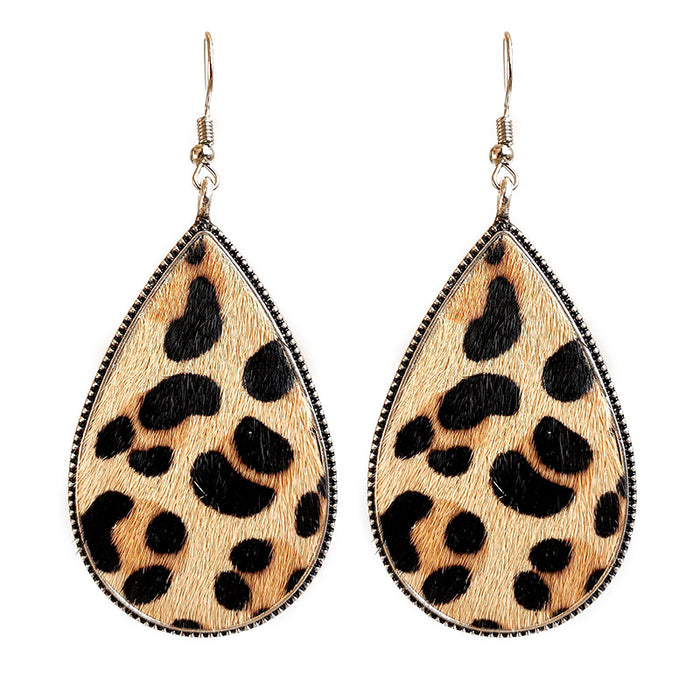 Textured Cowhide Leather Earrings with Leopard Print and Western Style