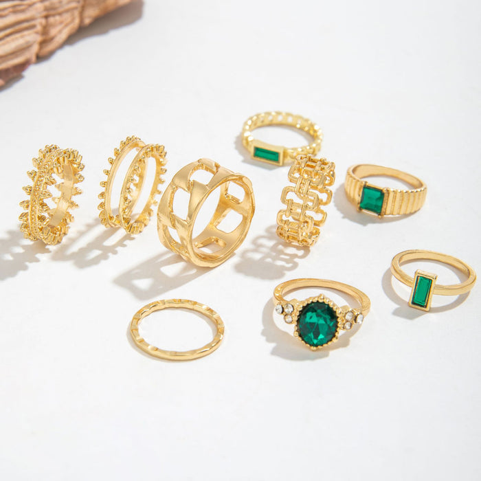 French Vintage Faux Emerald Stone Joint Ring Set – Unique Geometric Rings, 9-Piece Collection