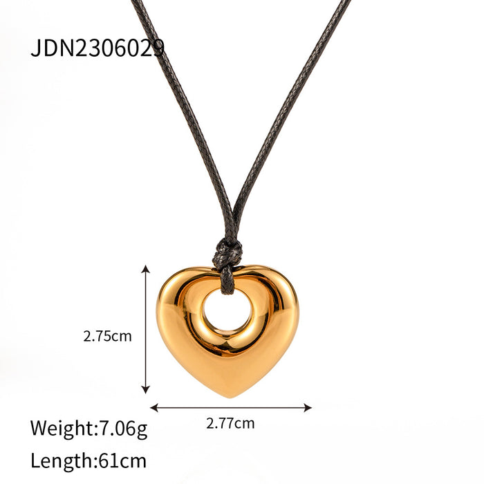 INS-Style Hollow Heart Pendant Necklace - Black Cord Stainless Steel for a Luxurious and Unique Look