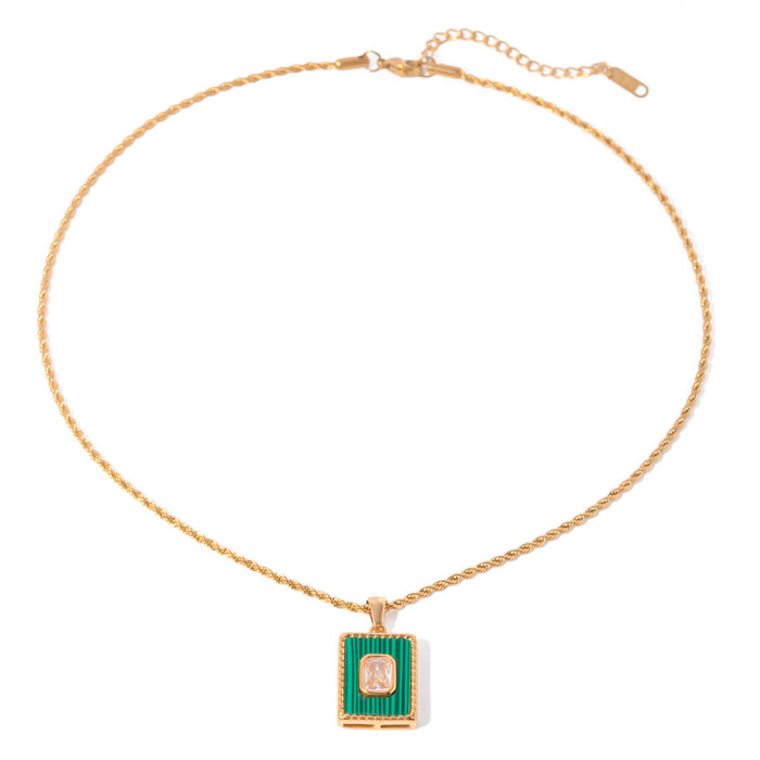 18K Gold-Plated Rectangular Pendant Necklace with Green Tag - Women's Fashion Jewelry