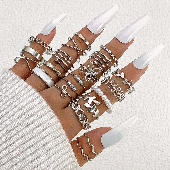 Flower Leaf Pearl Knuckle Ring Set - 5pcs Stylish Simple Rings