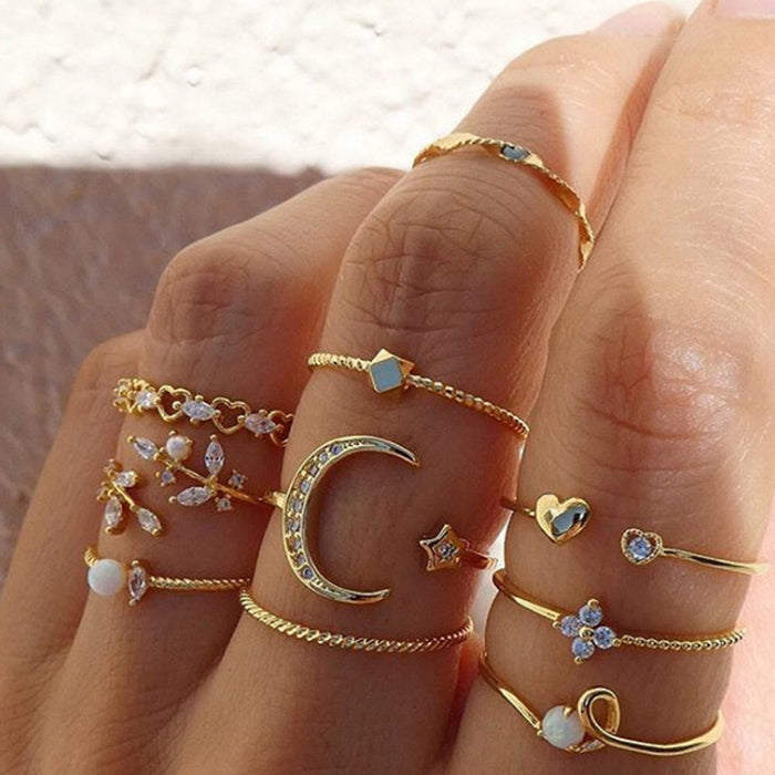 Juego de anillos de luna y estrella con detalles de perla y hojas: anillos creativos de 10 piezas