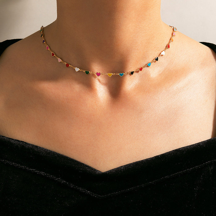 Colorful Heart Drop Oil Necklace with Multi-Color Heart-Shaped Clavicle Chain