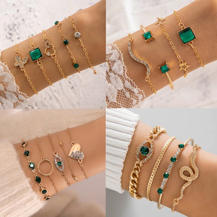 Korean-French Emerald Heart Rhinestone Bracelet Set - Versatile Elegant Jewelry for Women