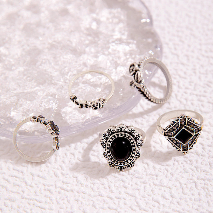 Black oil drop rose flower alphabet five-piece ring set