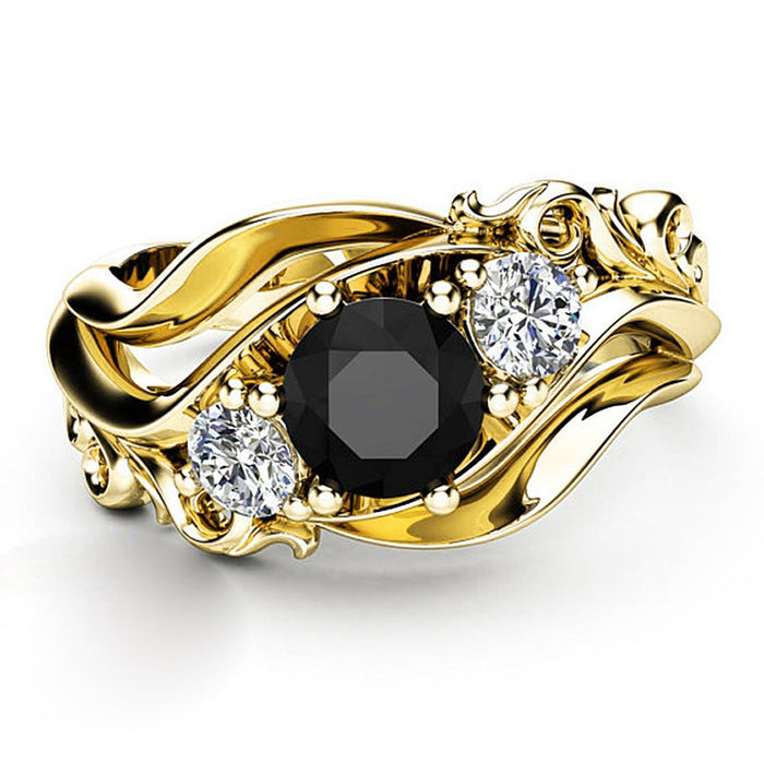 Anillo de circonita negra con flor de moda, anillo exquisito