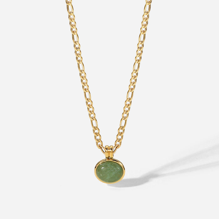 14K Gold-Plated Figaro Chain Necklace with Green Aventurine Pendant - Retro Stainless Steel Clavicle Chain