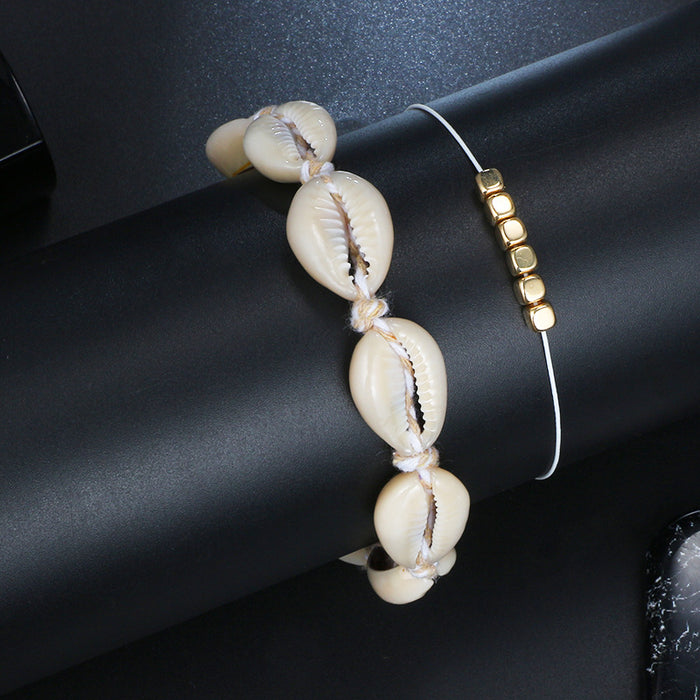 Beach-Style Shell Anklet with Geometric Bead and Woven Design