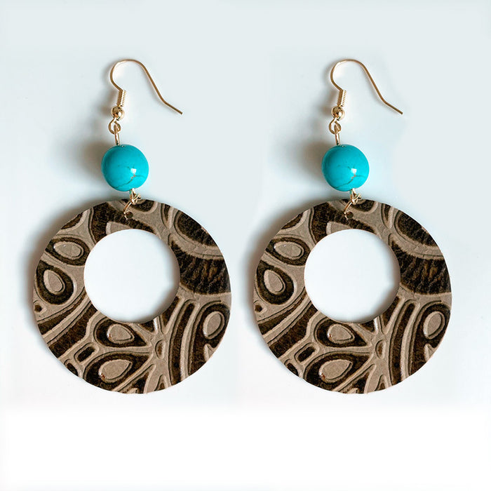 Vintage Embossed Cowhide Earrings with Turquoise and High-Quality Texture