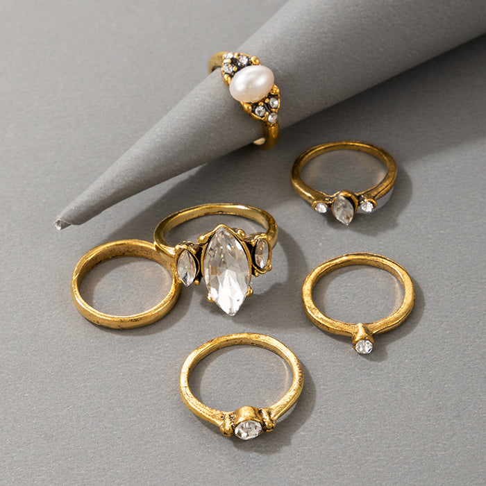 Bohemian Vintage Gold Diamond Pearl Ring 6-Piece Set