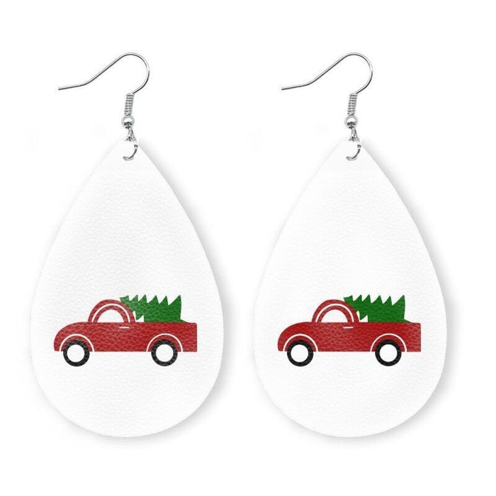 Christmas Themed Leather Earrings with Christmas Tree, Lights, and Reindeer Design