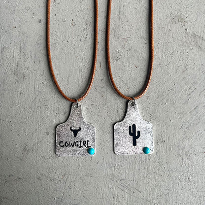 Western Cowboy Necklace with Vintage Cactus, Bull Head, Horseshoe, and Turquoise on Leather