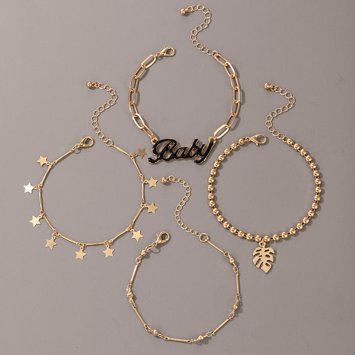 Letter Enamel Chain Bracelet - Hollow Leaf Star Round Multi-Layer Bracelet