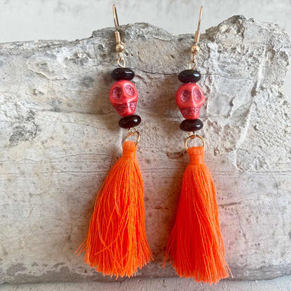 Halloween Skull and Pumpkin Tassel Clay Earrings - Bold and Original Design