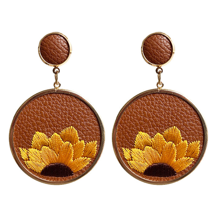 Leather Embroidered Sunflower Earrings with High-Quality Bohemian Design