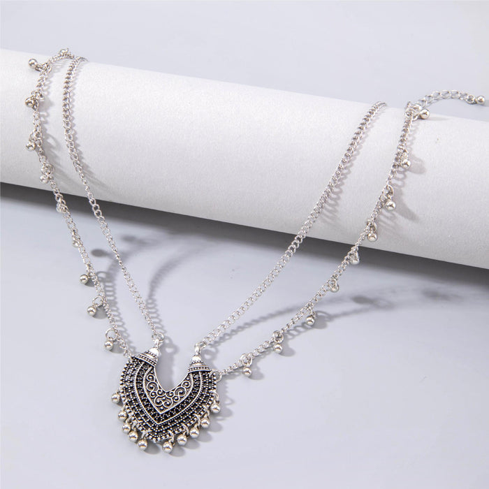 Vintage Heart Engraved Pendant Necklace with Tassel Layers