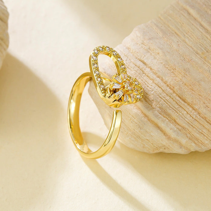 Wholesale copper micro-set rotating zircon heart and flower open ring