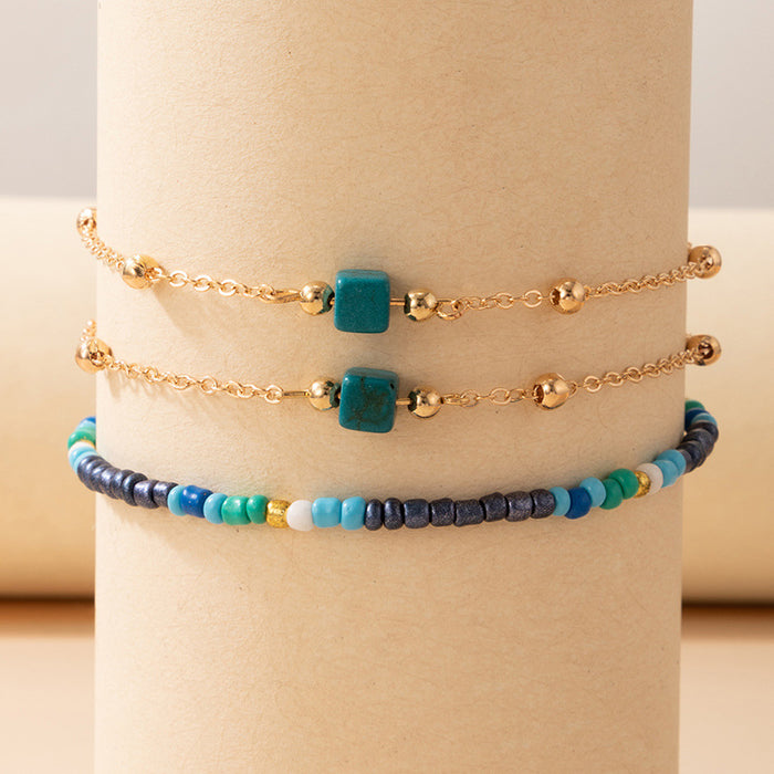 Colorful Bead Triple Layer Anklet with Geometric Gold Bead Multi-Layer Chain