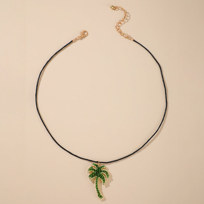 Green Diamond Coconut Tree Single Layer Necklace with Geometric Irregular Clavicle Chain