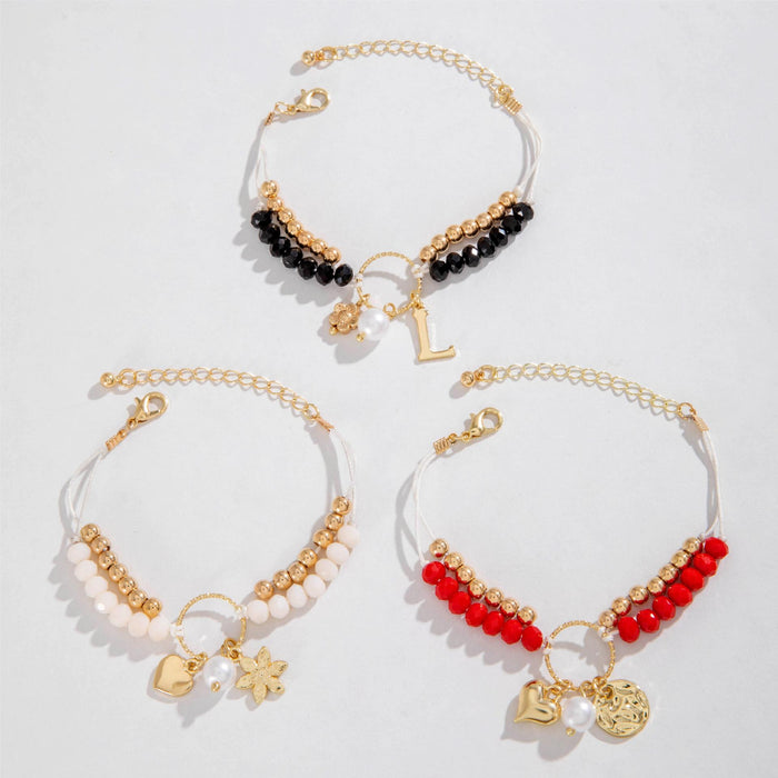 Vintage Beaded Flower Bracelet Set with Bohemian Heart Charms - Three Pieces