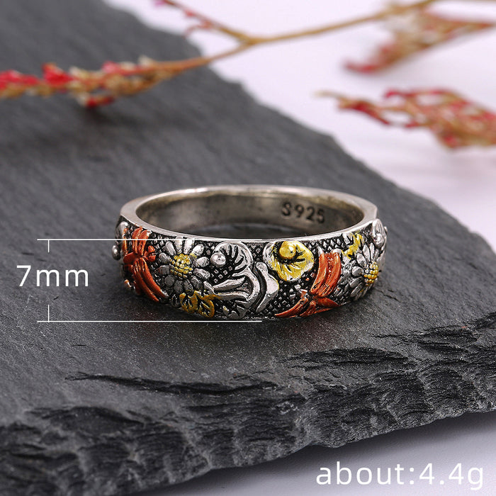 Vintage engraving dragonfly sunflower ring fashionable two-tone daisy ring