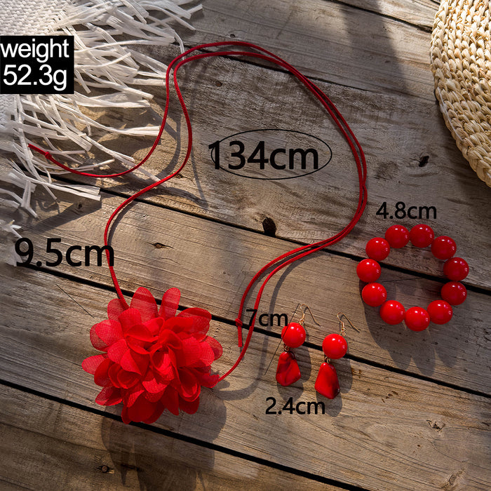 Conjunto de collar con lazo de rosa roja y pulsera de cuentas acrílicas: joyas para mujer con aretes a juego