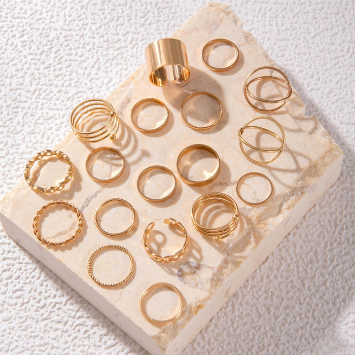 Retro Geometric Spiral and Gold Knuckle Ring Set - Eighteen-Piece Alloy Set