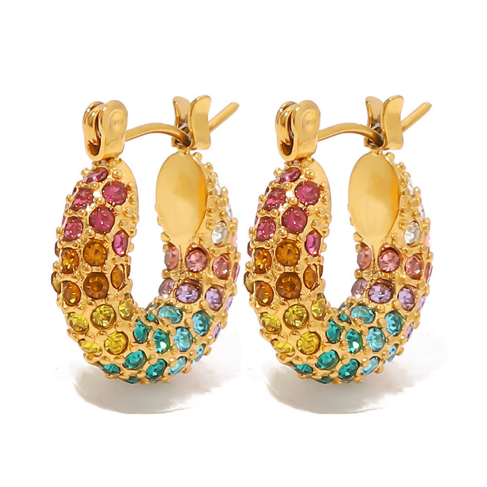 European Style New 18K Gold-Plated Full Pave Rainbow Zircon Earrings - Fashionable Jewelry for Women