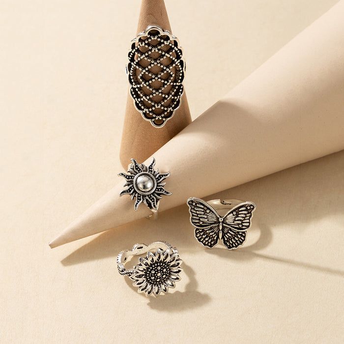 Butterfly, flower and sun vintage silver ring set of 4