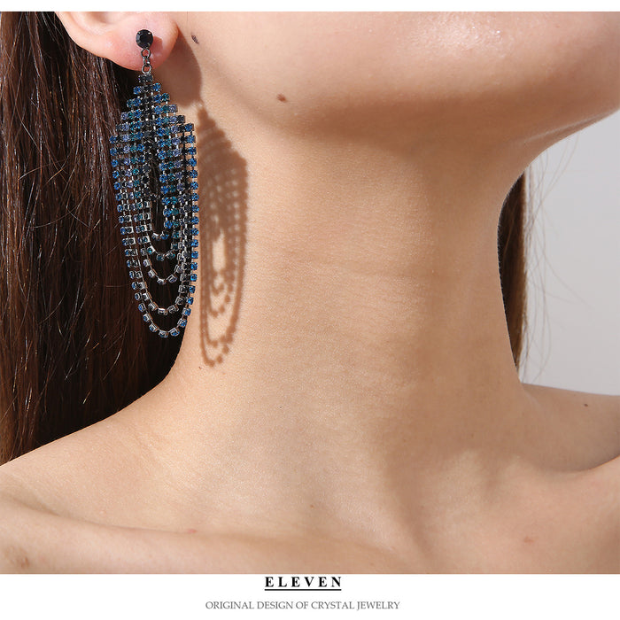 Deep Blue Chain Tassel Earrings - Exaggerated Long Dangles for a Bold Look