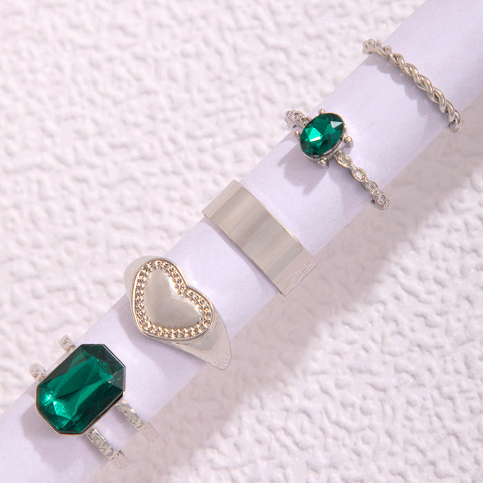 Imitation Emerald Geometric Heart Five-Piece Ring Set