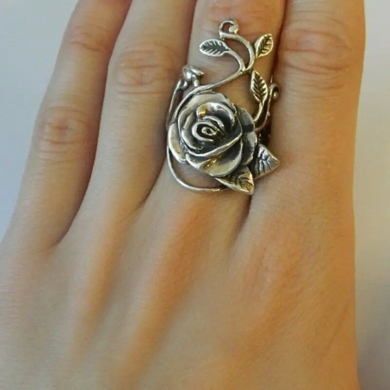 Anillo personalizado con rosa exagerada, anillo retro de moda simple