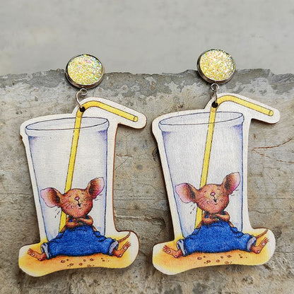 Mouse Cheese Earrings with Colorful Pencil and Cup Designs