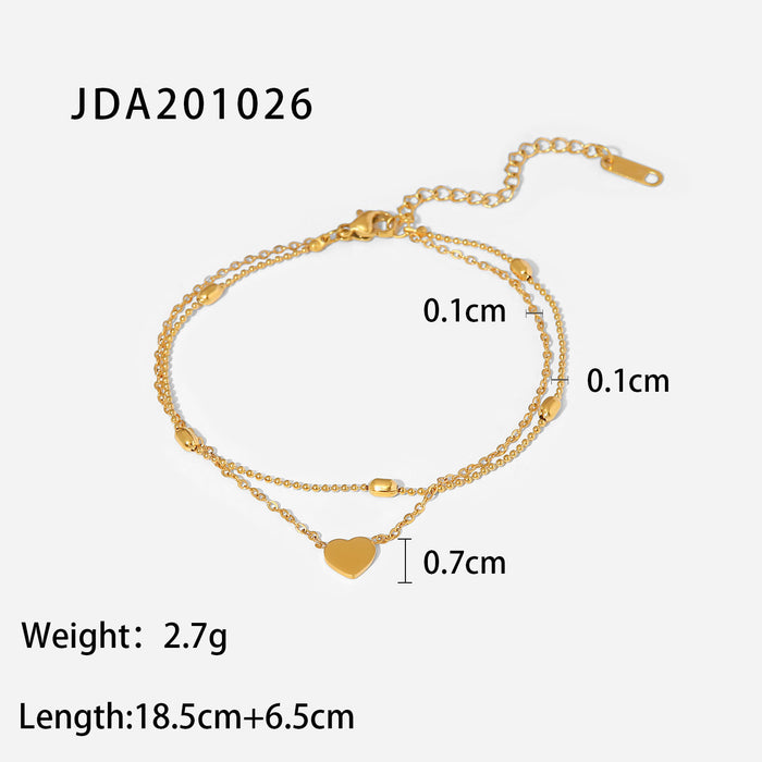 18K Gold Plated Titanium Steel Heart Pendant Anklet - Double Layer Oval Bead Chain Jewelry for Women