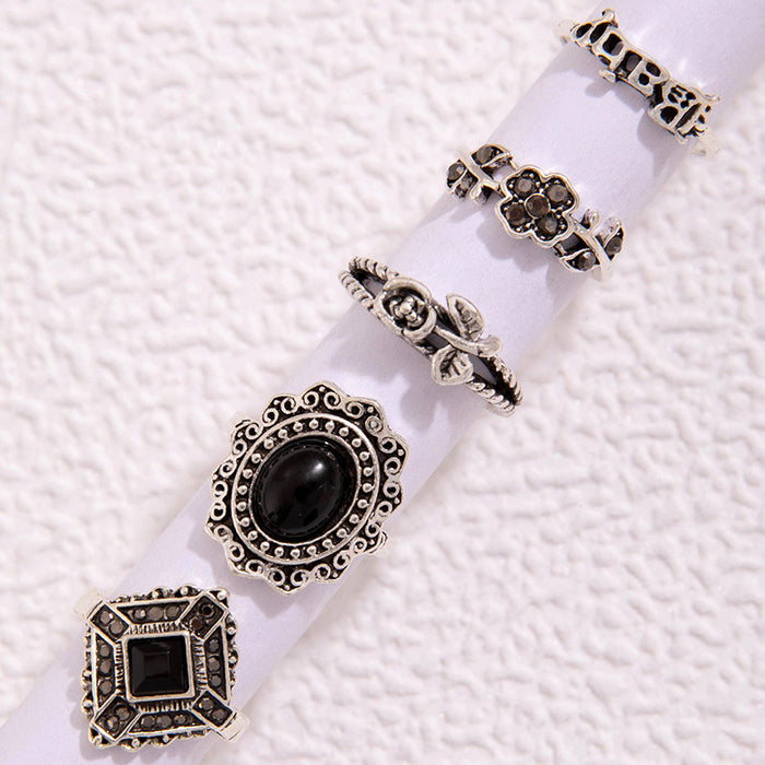 Black oil drop rose flower alphabet five-piece ring set