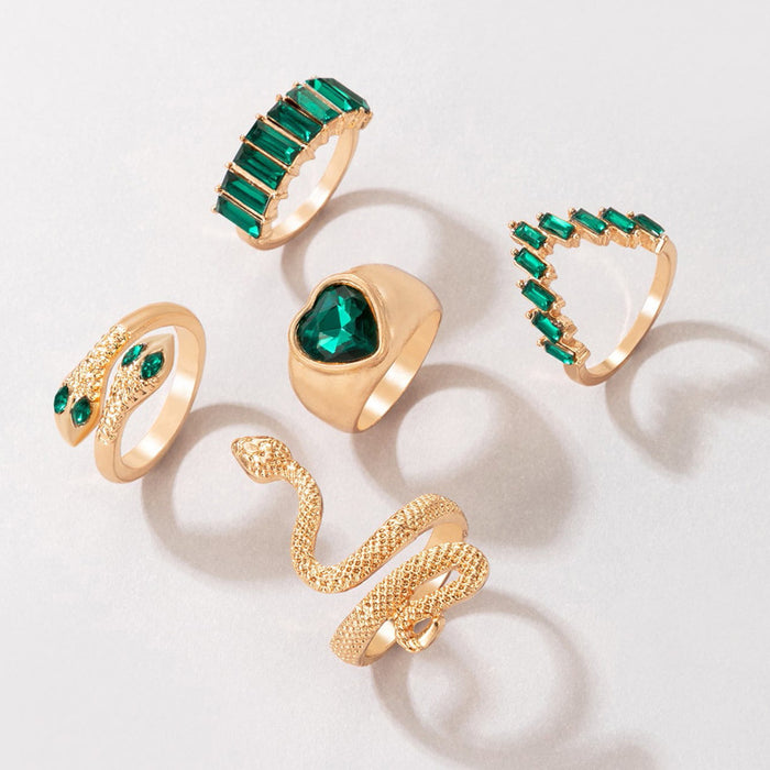 Emerald Gemstone Heart Ring Set - 5pcs Snake Rings