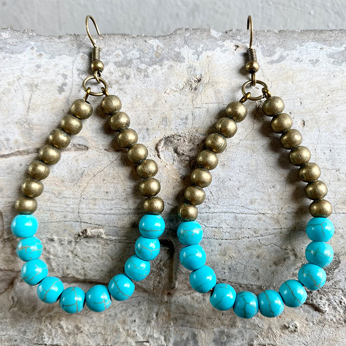 Vintage Western Turquoise Bead Feather Earrings with Antique Bronze Design