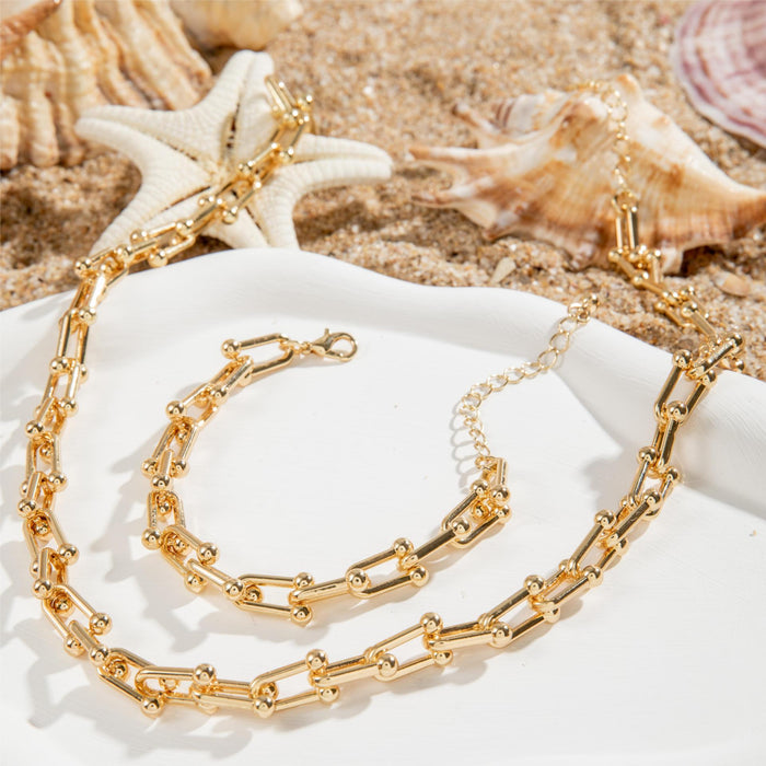 Bold U-Shape Chain Necklace and Gold Open Ring Set