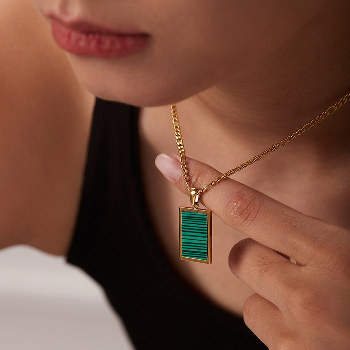 Rectangle Abalone Malachite Onyx Shell Pendant Necklace - Stainless Steel Electroplated Chain with Lock Clasp