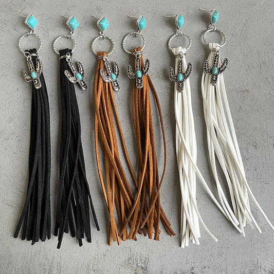 Creative Long Cactus and Turquoise Leather Tassel Earrings