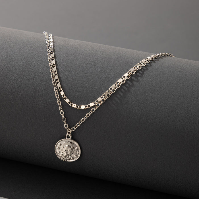 Human Face Multi-Layer Necklace with Metal Round Disc Double Layer Design