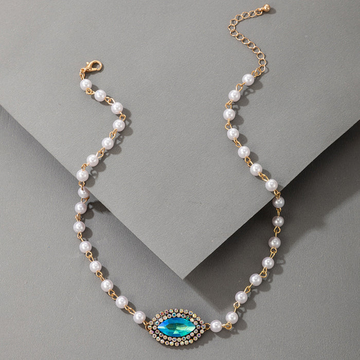 Blue Eye Diamond Single Layer Necklace with Pearl Bead Clavicle Chain