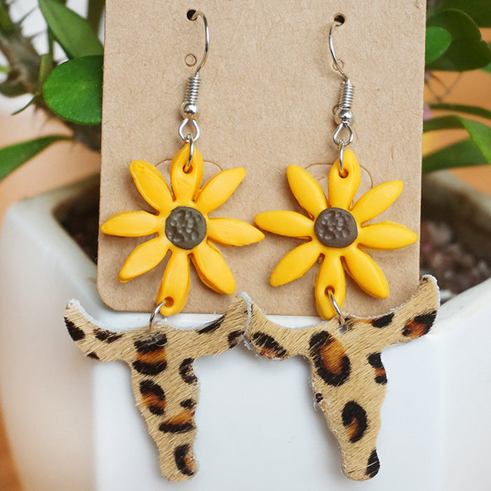 Pendientes de arcilla con diseño de girasoles en estilo vacacional: estampado de vaca, leopardo y cebra