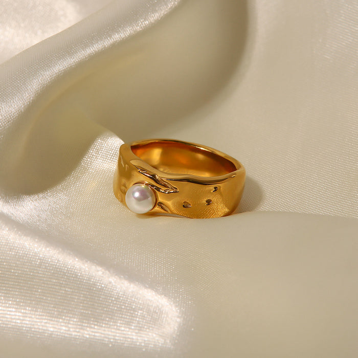 18K Gold Plated Stainless Steel Ring with Pearl - Trendy Minimalist Jewelry