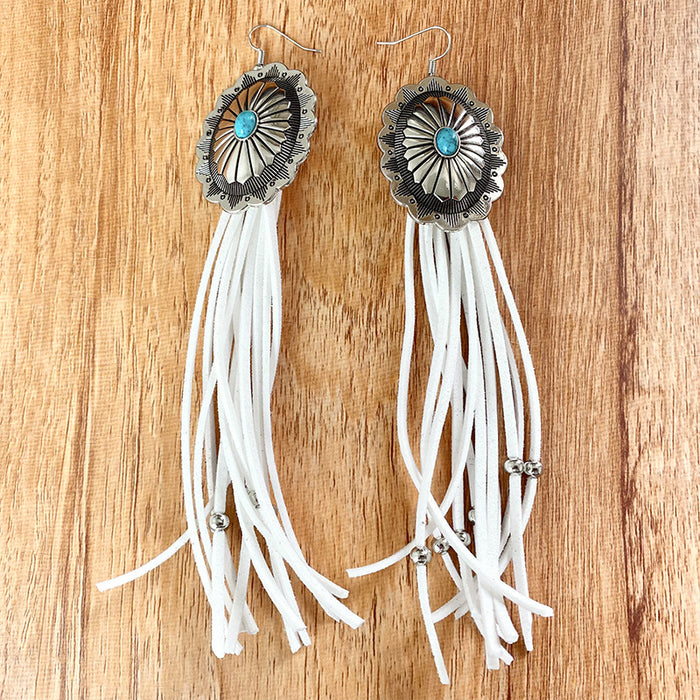 Western Pumpkin Flower Long Tassel Earrings with Vintage Turquoise Leather